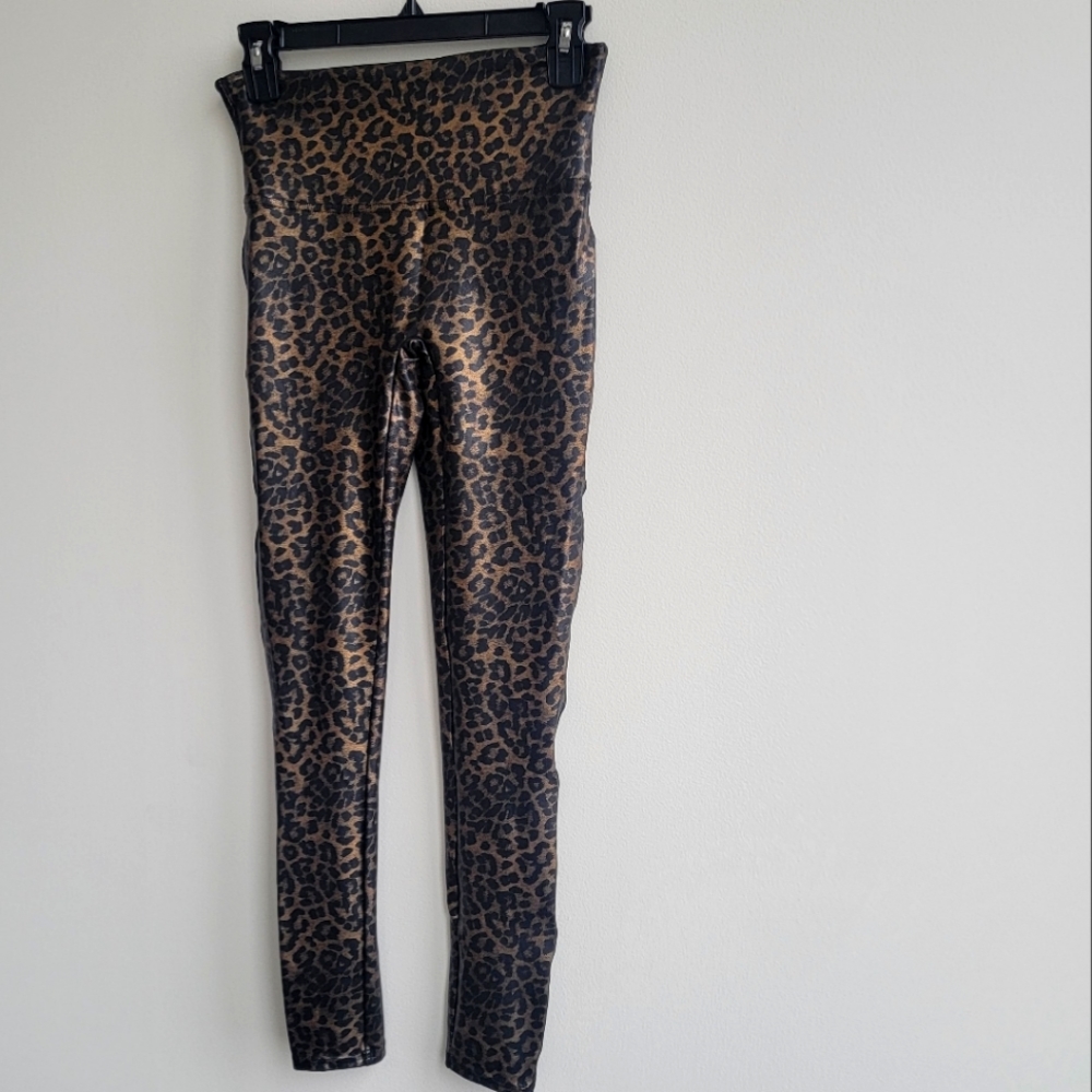 Spanx faux leather metallic leggings leopard cheetah print gold bronze black M
